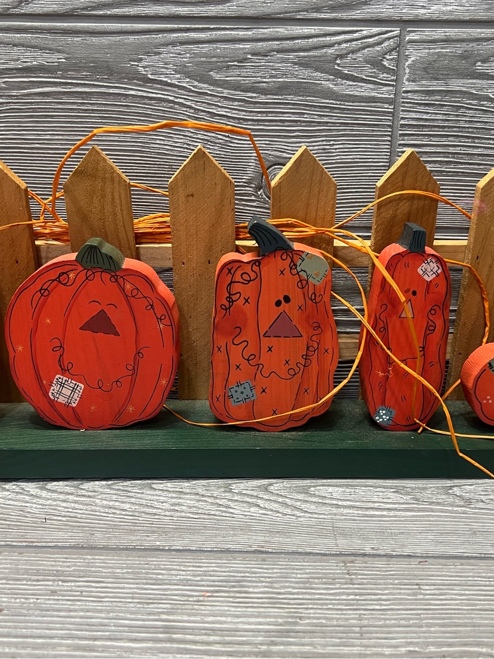 Autumn Fall Decor Pumpkin Jack-O-Lanterns On Fence Wooden Halloween Decor 18”x7”